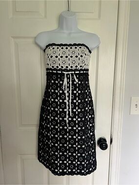 Ruth Strapless Black and White Eyelet Midi Dress with Tie Waist